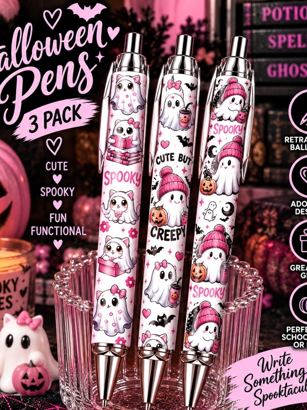 Pink Halloween Ghost Retractable Ballpoint Pens - 3 Pack